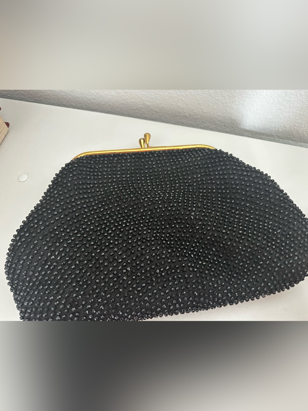 Black Beaded Evening Clutch with Gold Frame